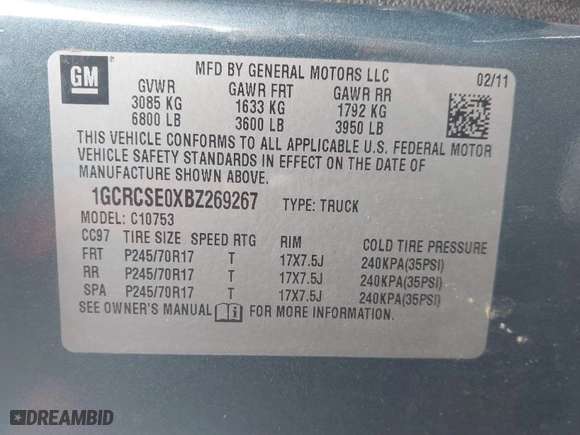 2011 Chevrolet Silverado 1500 LT with VIN 1GCRCSE0XBZ269267, listed as a IAAI auction lot 41887946 with 88,439 mi miles. Bid and sale history available at carsss.com. Image 9.