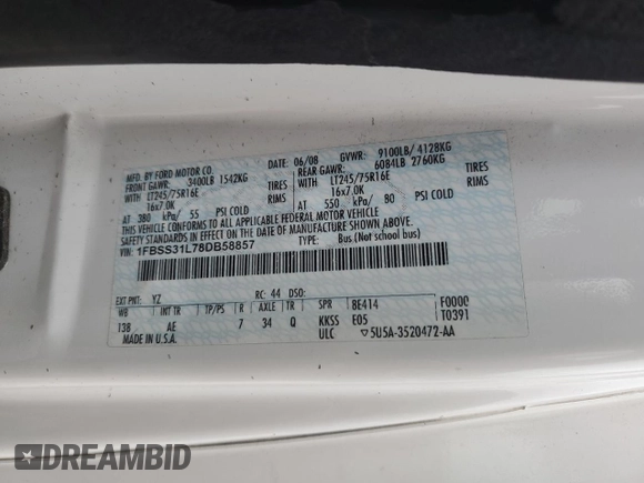 2008 Ford Econoline Passenger XL with VIN 1FBSS31L78DB58857, listed as a Copart auction lot 56203485 with 101,878 mi miles and Salvage title. Bid and sale history available at DreamBid. Image 14.