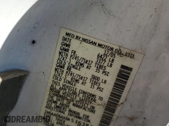 2006 Nissan Titan SE с VIN 1N6AA06AX6N536383, выставлен на аукционе Copart как лот 46902025 с пробегом Не указан миль и Чистый • Clean title. История ставок и продаж доступна на DreamBid. Изображение 12.