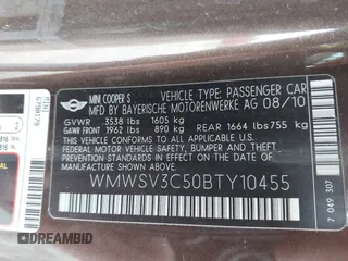 2011 MINI Hardtop S with VIN WMWSV3C50BTY10455, listed as a IAAI auction lot 42739230 with 54,998 mi miles and . Bid and sale history available at DreamBid. Image 9.