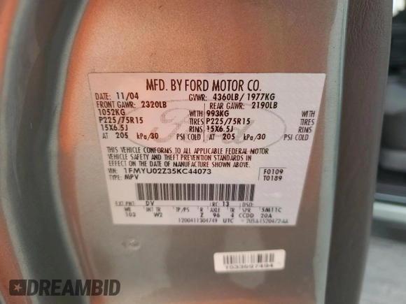 2005 Ford Escape XLS Value с VIN 1FMYU02Z35KC44073, выставлен на аукционе Copart как лот 58216525 с пробегом 135 959 миль миль и Списание • Salvage title. История ставок и продаж доступна на DreamBid. Изображение 13.
