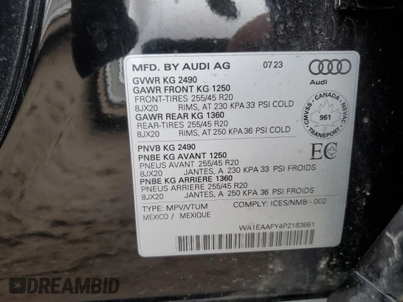 2023 Audi Q5 S line Premium Plus with VIN WA1EAAFY4P2183661, listed as a Copart auction lot 48610815 with 22,414 mi miles and Salvage Title. Bid and sale history available at carsss.com. Image 13.