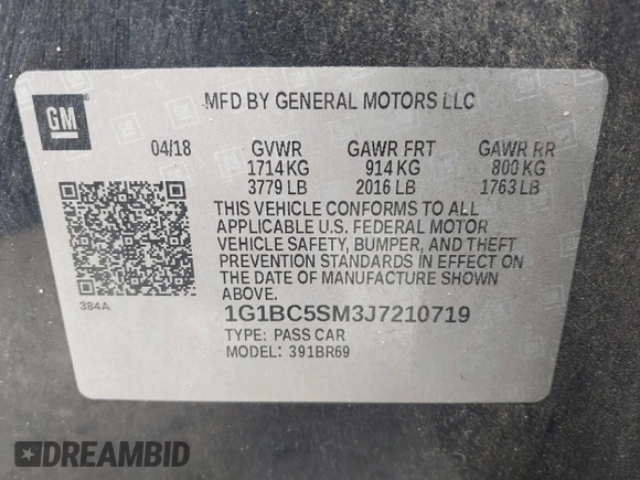 2018 Chevrolet Cruze LS with VIN 1G1BC5SM3J7210719, listed as a IAAI auction lot 41787077 with 93,489 mi miles and . Bid and sale history available at DreamBid. Image 9.