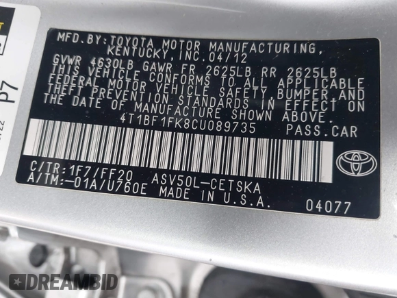 2012 Toyota Camry L with VIN 4T1BF1FK8CU089735, listed as a IAAI auction lot 42066981 with 144,221 mi miles. Bid and sale history available at carsss.com. Image 9.