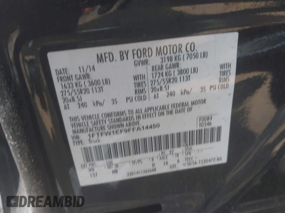 2015 Ford F-150 XLT w/HD Payload Pkg with VIN 1FTFW1EF9FFA14450, listed as a IAAI auction lot 41867454 with 146,157 mi miles. Bid and sale history available at carsss.com. Image 9.