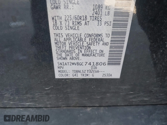 2016 Nissan Rogue SL with VIN 5N1AT2MV8GC741806, listed as a IAAI auction lot 41650432 with 116,978 mi miles and . Bid and sale history available at DreamBid. Image 9.