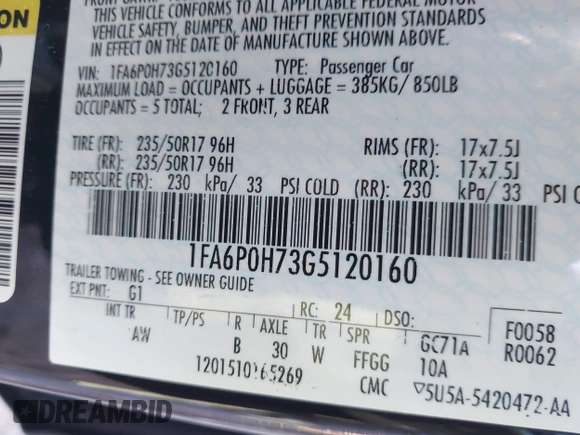 2016 Ford Fusion SE with VIN 1FA6P0H73G5120160, listed as a IAAI auction lot 41405637 with 125,723 mi miles and . Bid and sale history available at carsss.com. Image 9.