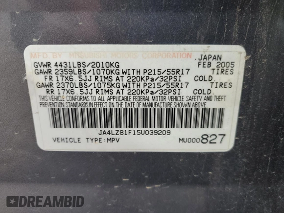 2005 Mitsubishi Outlander z VIN JA4LZ81F15U039209, wystawiony jako Copart lot #47110825 z przebiegiem 84 505 mil mil oraz Czysty tytuł • Clean title. Historia ofert i sprzedaży dostępna na DreamBid. Obrazek 13.