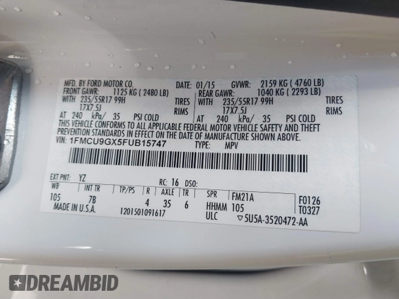 2015 Ford Escape SE with VIN 1FMCU9GX5FUB15747, listed as a IAAI auction lot 41741531 with 95,027 mi miles. Bid and sale history available at carsss.com. Image 9.