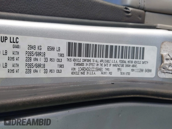 2012 Dodge Durango Crew with VIN 1C4RDHDG1CC158481, listed as a IAAI auction lot 41240405 with 181,490 mi miles and . Bid and sale history available at DreamBid. Image 9.