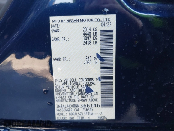 2022 Nissan Altima 2.0 SR with VIN 1N4AL4CV0NN366146, listed as a IAAI auction lot 41700936 with 42,846 mi miles. Bid and sale history available at carsss.com. Image 9.