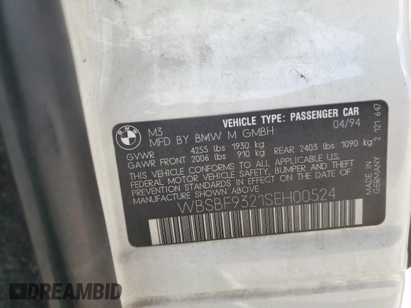 1995 BMW 3 Series M3 with VIN WBSBF9321SEH00524, listed as a Copart auction lot 51344625 with 109,381 mi miles and Salvage Title. Bid and sale history available at DreamBid. Image 12.