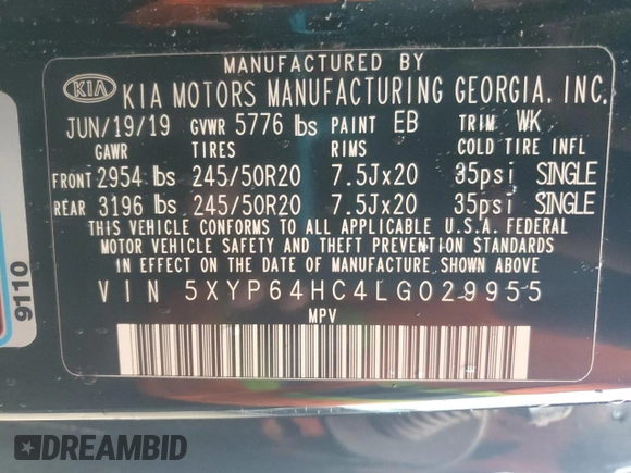 2020 Kia Telluride S with VIN 5XYP64HC4LG029955, listed as a Copart auction lot 54452435 with 120,257 mi miles and Clean Title. Bid and sale history available at DreamBid. Image 13.