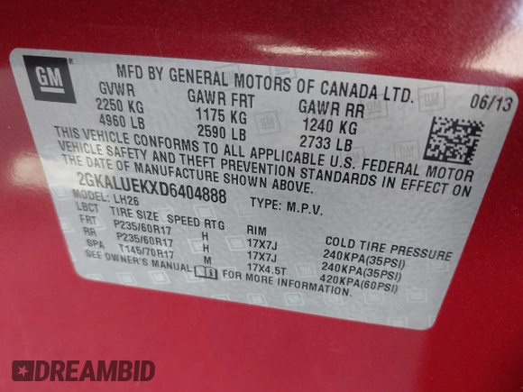 2013 GMC Terrain SLT with VIN 2GKALUEKXD6404888, listed as a IAAI auction lot 41512765 with 65,955 mi miles and . Bid and sale history available at carsss.com. Image 9.