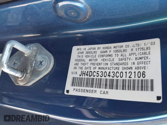 2003 Acura RSX Type S with VIN JH4DC53043C012106, listed as a IAAI auction lot 41993959 with 211,107 mi miles. Bid and sale history available at carsss.com. Image 9.