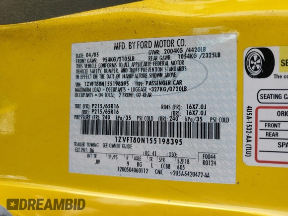2005 Ford Mustang Deluxe с VIN 1ZVFT80N155198395, выставлен на аукционе Copart как лот 60481775 с пробегом 121 062 миль миль и Списание • Salvage title. История ставок и продаж доступна на DreamBid. Изображение 12.