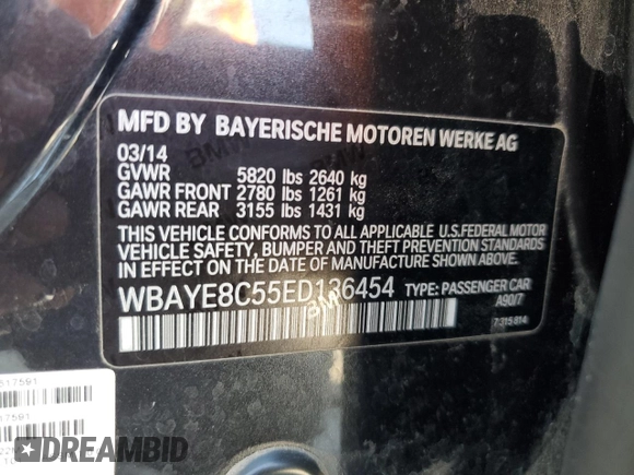 2014 BMW 7 Series ALPINA B7 with VIN WBAYE8C55ED136454, listed as a Copart auction lot 55589525 with 119,761 mi miles and Salvage title. Bid and sale history available at DreamBid. Image 12.