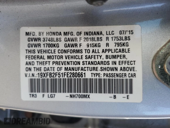 2015 Honda Civic Sedan LX with VIN 19XFB2F51FE280661, listed as a Copart auction lot 53431935 with 175,730 mi miles and Salvage Title. Bid and sale history available at carsss.com. Image 14.