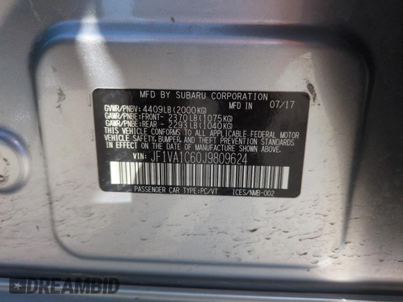 2018 Subaru WRX Premium with VIN JF1VA1C60J9809624, listed as a Copart auction lot 56700185 with 123,009 mi miles and Salvage title. Bid and sale history available at DreamBid. Image 13.