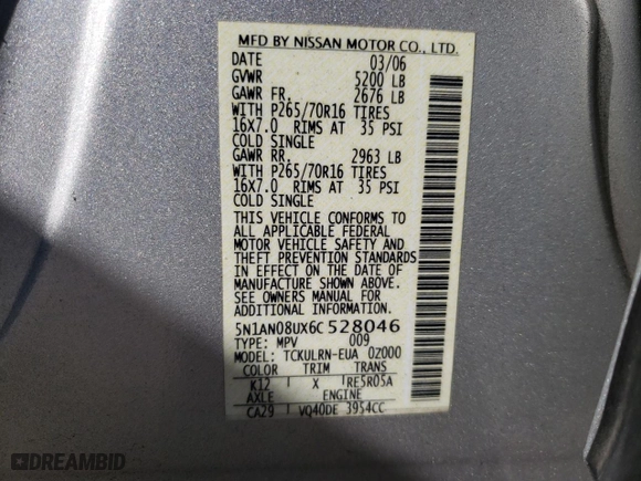 2006 Nissan Xterra SE with VIN 5N1AN08UX6C528046, listed as a Copart auction lot 45234545 with 122,958 mi miles and Salvage Title. Bid and sale history available at carsss.com. Image 14.