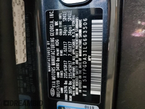 2020 Kia Sorento LX with VIN 5XYPGDA31LG663506, listed as a Copart auction lot 45545145 with 78,561 mi miles and Salvage Title. Bid and sale history available at DreamBid. Image 13.