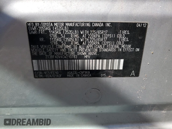 2012 Toyota RAV4 with VIN 2T3BF4DV4CW210783, listed as a Copart auction lot 58360275 with 101,177 mi miles and Salvage title. Bid and sale history available at DreamBid. Image 12.