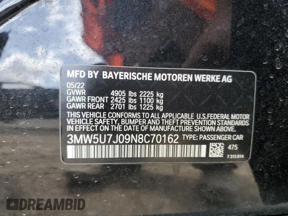 2022 BMW 3 Series M340i with VIN 3MW5U7J09N8C70162, listed as a Copart auction lot 49161745 with 40,503 mi miles and Salvage Title. Bid and sale history available at carsss.com. Image 13.