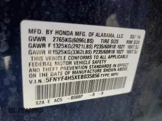2014 Honda Pilot EX-L with VIN 5FNYF4H5XEB035856, listed as a Copart auction lot 54093365 with 91,393 mi miles and Clean Title. Bid and sale history available at carsss.com. Image 13.