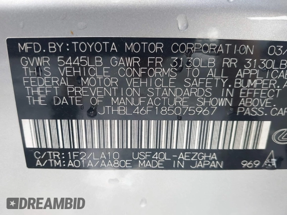 2008 Lexus LS 460 with VIN JTHBL46F185075967, listed as a IAAI auction lot 42277261 with 181,585 mi miles and . Bid and sale history available at DreamBid. Image 9.