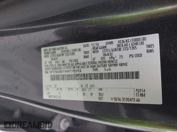 2017 Ford F-250 Lariat z VIN 1FT7W2BT1HEC02912, wystawiony jako IAAI lot #41309090 z przebiegiem 107 244 mil mil oraz . Historia ofert i sprzedaży dostępna na DreamBid. Obrazek 9.