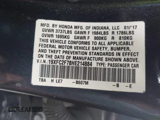 2017 Honda Civic Sedan EX with VIN 19XFC2F78HE214884, listed as a IAAI auction lot 41687685 with 124,623 mi miles. Bid and sale history available at carsss.com. Image 9.