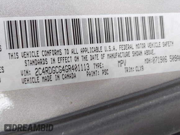 2016 Dodge Grand Caravan SXT with VIN 2C4RDGCG4GR401113, listed as a IAAI auction lot 41943906 with 93,208 mi miles. Bid and sale history available at carsss.com. Image 9.