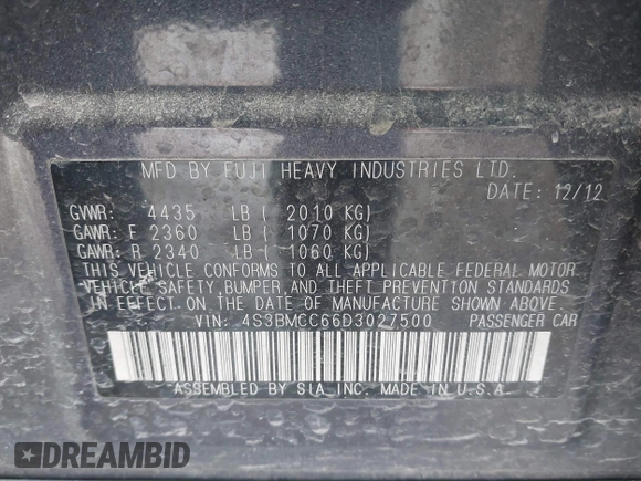 2013 Subaru Legacy Premium with VIN 4S3BMCC66D3027500, listed as a IAAI auction lot 41747416 with 154,358 mi miles and . Bid and sale history available at DreamBid. Image 9.