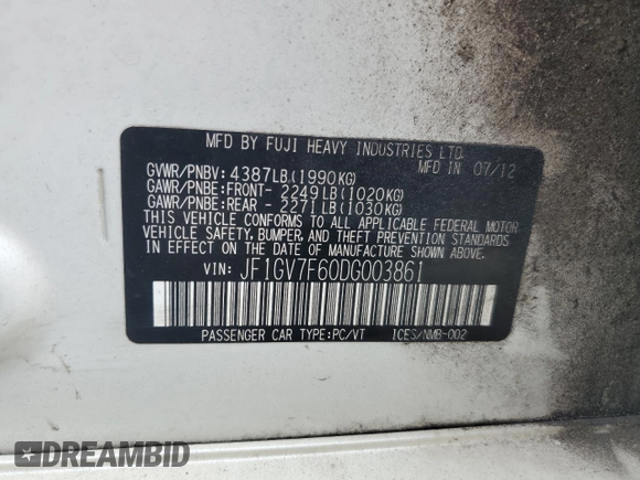 2013 Subaru WRX WRX Limited с VIN JF1GV7F60DG003861, выставлен на аукционе Copart как лот 67864874 с пробегом 167 166 миль миль и На запчасти • Non repairable. История ставок и продаж доступна на DreamBid. Изображение 12.
