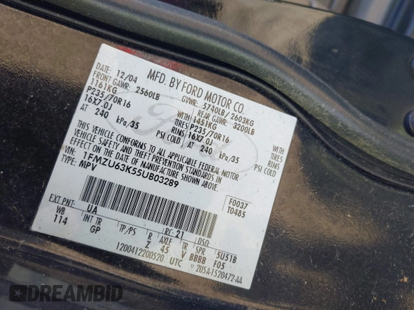 2005 Ford Explorer XLT с VIN 1FMZU63K55UB03289, выставлен на аукционе IAAI как лот 41921901 с пробегом 264 479 миль миль и . История ставок и продаж доступна на DreamBid. Изображение 9.