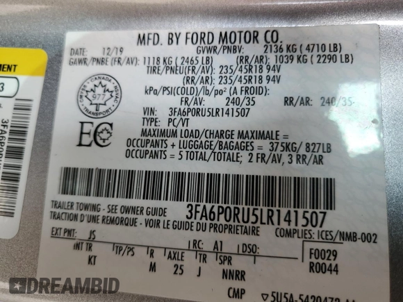 2020 Ford Fusion Titanium with VIN 3FA6P0RU5LR141507, listed as a Copart auction lot 64798205 with 113,216 mi miles and Salvage title. Bid and sale history available at DreamBid. Image 12.