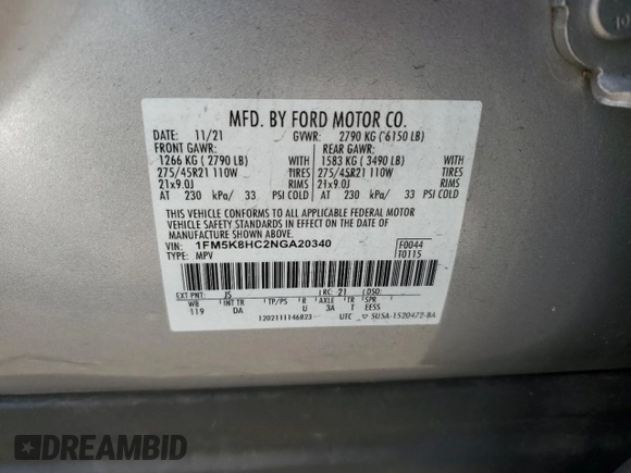 2022 Ford Explorer Platinum with VIN 1FM5K8HC2NGA20340, listed as a Copart auction lot 84828474 with 39,477 mi miles and Salvage Title. Bid and sale history available at carsss.com. Image 13.