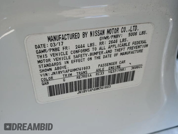 2017 Infiniti Q70 3.7 with VIN JN1BY1AP4HM741603, listed as a Copart auction lot 46548605 with 142,201 mi miles and Salvage Title. Bid and sale history available at DreamBid. Image 12.