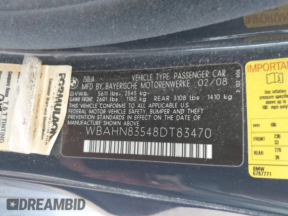 2008 BMW 7 Series 750Li with VIN WBAHN83548DT83470, listed as a IAAI auction lot 41071244 with 106,064 mi miles and . Bid and sale history available at DreamBid. Image 9.