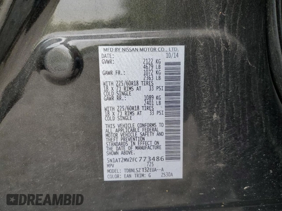 2015 Nissan Rogue SL with VIN 5N1AT2MV2FC773486, listed as a Copart auction lot 58718965 with 146,969 mi miles and Salvage title. Bid and sale history available at DreamBid. Image 13.