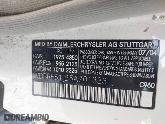 2005 Mercedes-Benz C 240 with VIN WDBRF61J25A701333, listed as a IAAI auction lot 41727842 with 219,135 mi miles and . Bid and sale history available at DreamBid. Image 9.