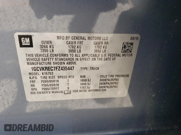 2015 Chevrolet Silverado 1500 LT with VIN 1GCVKREC7FZ435447, listed as a Copart auction lot 54519515 with 124,881 mi miles and Salvage Title. Bid and sale history available at DreamBid. Image 12.