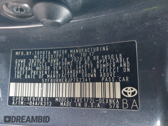 2018 Toyota Corolla L z VIN 5YFBURHE8JP762341, wystawiony jako IAAI lot #41616281 z przebiegiem 141 882 mil mil oraz . Historia ofert i sprzedaży dostępna na DreamBid. Obrazek 9.