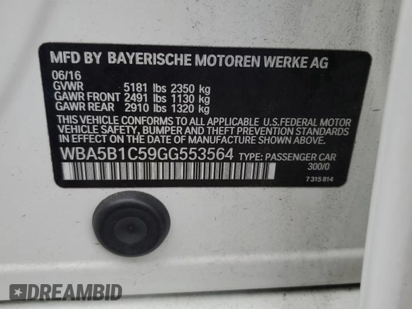 2016 BMW 5 Series 535i with VIN WBA5B1C59GG553564, listed as a Copart auction lot 81048354 with 94,959 mi miles and Salvage Title. Bid and sale history available at DreamBid. Image 12.