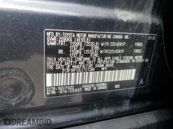 2020 Toyota RAV4 XLE with VIN 2T3P1RFV2LC121388, listed as a Copart auction lot 61336565 with Not provided miles and Salvage title. Bid and sale history available at DreamBid. Image 12.