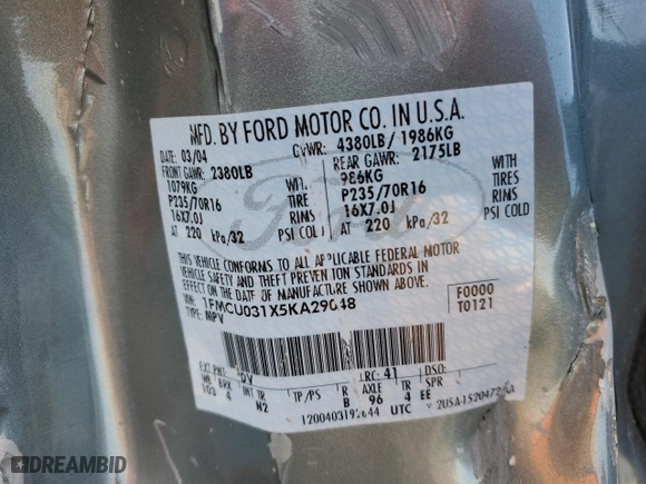 2005 Ford Escape XLT with VIN 1FMCU031X5KA29048, listed as a Copart auction lot 46323555 with 0 mi miles and Salvage Title. Bid and sale history available at carsss.com. Image 13.