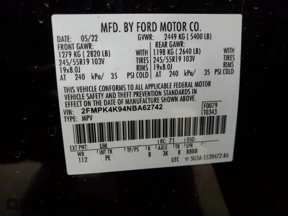 2022 Ford Edge Titanium with VIN 2FMPK4K94NBA62742, listed as a Copart auction lot 51049505 with 0 mi miles and Non Repairable. Bid and sale history available at carsss.com. Image 15.