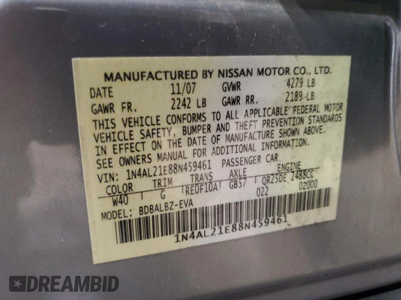 2008 Nissan Altima 2.5 SL with VIN 1N4AL21E88N459461, listed as a Copart auction lot 52611135 with 182,099 mi miles and Salvage Title. Bid and sale history available at carsss.com. Image 12.