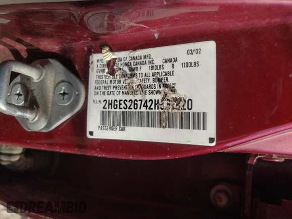 2002 Honda Civic EX with VIN 2HGES26742H561320, listed as a Copart auction lot 54975895 with 102,177 mi miles and Clean Title. Bid and sale history available at DreamBid. Image 12.