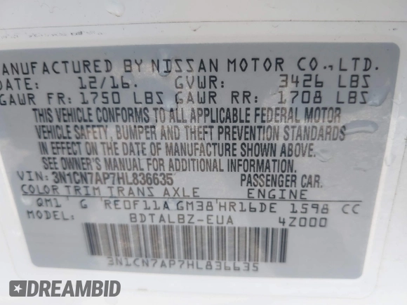 2017 Nissan Versa SV with VIN 3N1CN7AP7HL836635, listed as a IAAI auction lot 42014704 with 91,636 mi miles and . Bid and sale history available at DreamBid. Image 9.